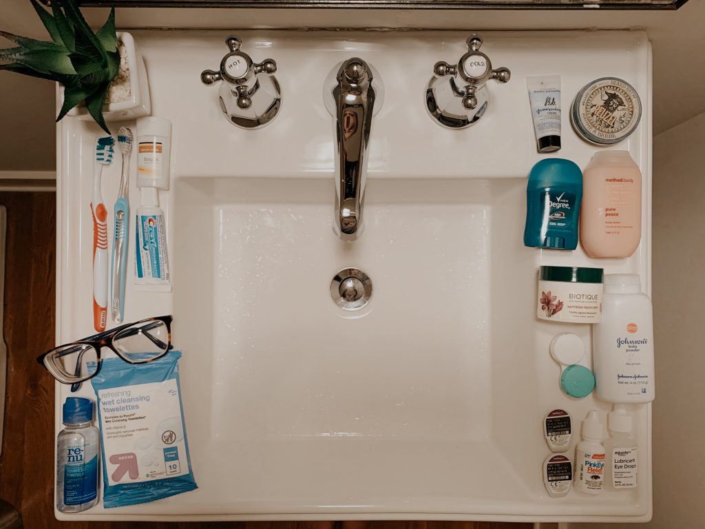 Toiletries around the sink I packed